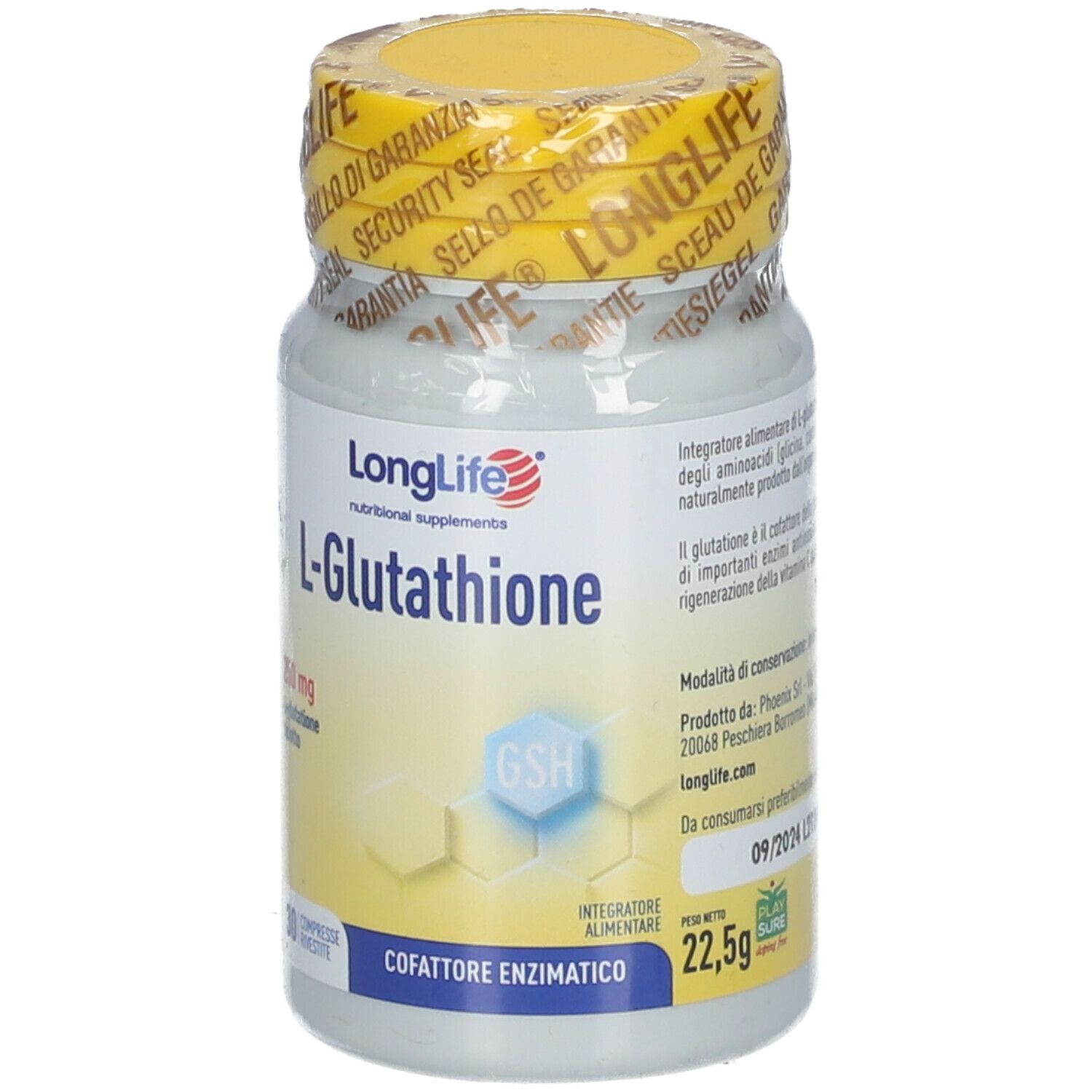 Flacone di integratore alimentare con tappo giallo e sigillo. Scritta: L-Glutatione 250 mg, 30 compresse.