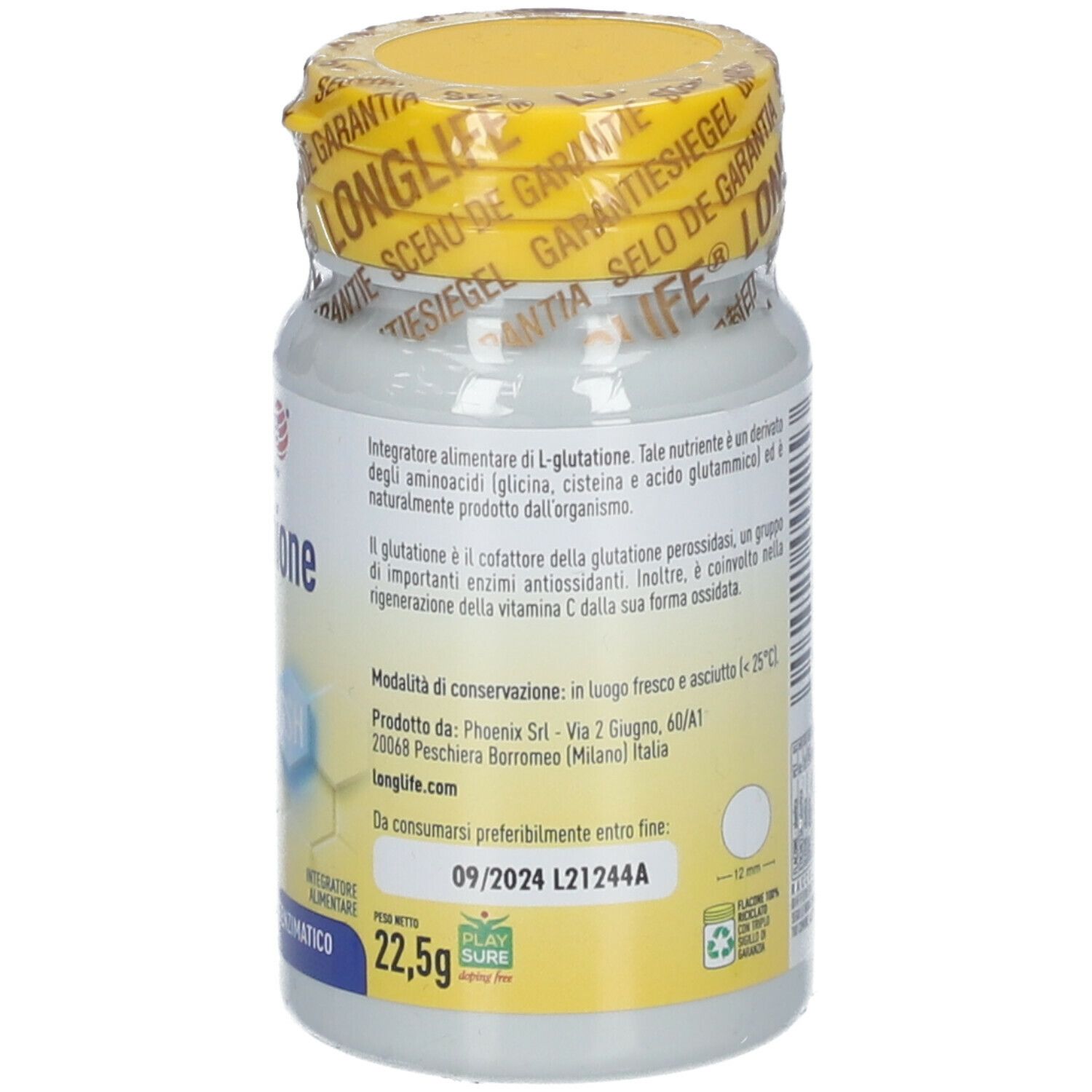 Flacone di integratore alimentare con tappo giallo e sigillo. Scritta: L-Glutatione 250 mg, 30 compresse.