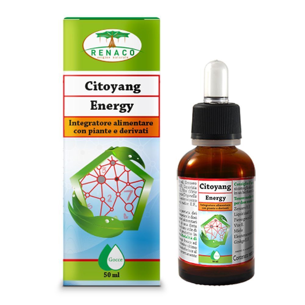 Flacone di vetro marrone con contagocce e scatola. Scritta: Citoyang Energy, Integratore alimentare con piante e derivati. 50 ml.