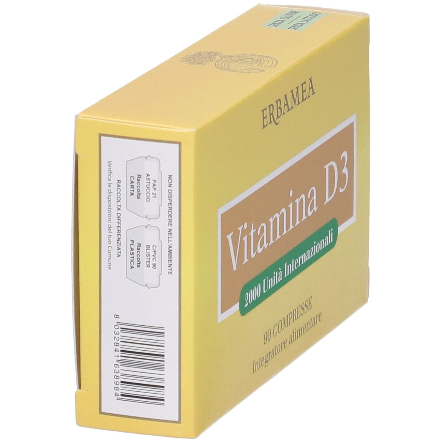 Gelbe Schachtel Erbamea Vitamina D3, schräg. Aufschrift: 2000 Unità Internazionali, 90 Compresse. Glutenfrei.
