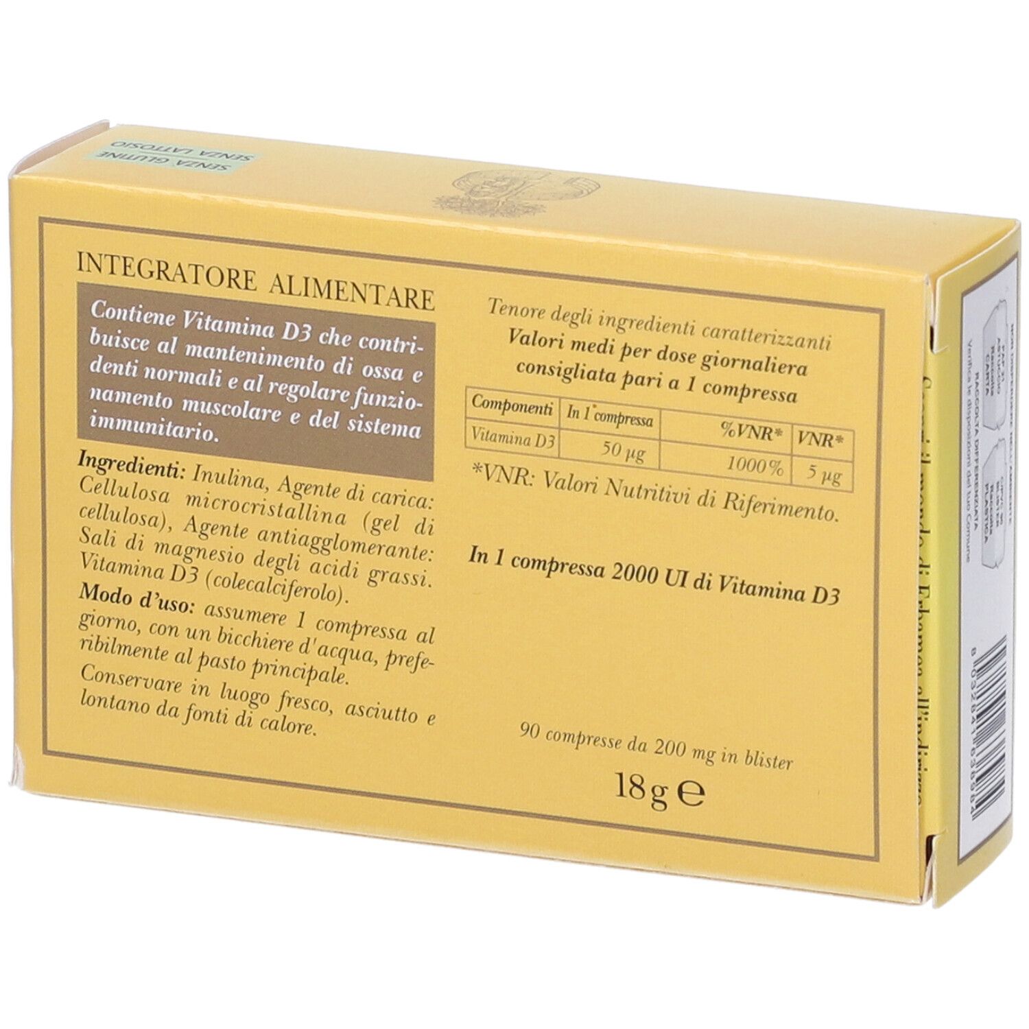 Rückseite der gelben Schachtel Erbamea Vitamina D3. Text über Inhaltsstoffe, Nährwerte und Anwendung.