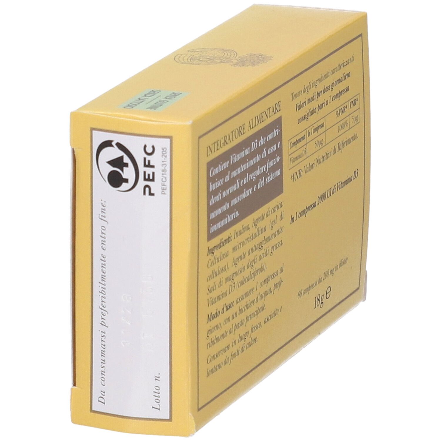 Schachtel Erbamea Vitamina D3, schräg. Rückseite mit Text und PEFC-Logo. Aufschrift: 18g.