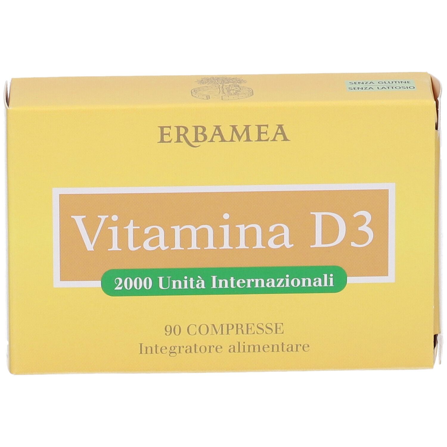 Gelbe Schachtel Erbamea Vitamina D3. Aufschrift: 2000 Unità Internazionali, 90 Compresse. Glutenfrei, laktosefrei.