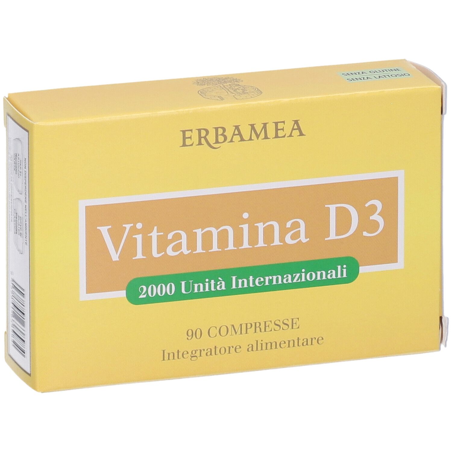 Gelbe Schachtel Erbamea Vitamina D3, schräg. Aufschrift: 2000 Unità Internazionali, 90 Compresse. Glutenfrei, laktosefrei.