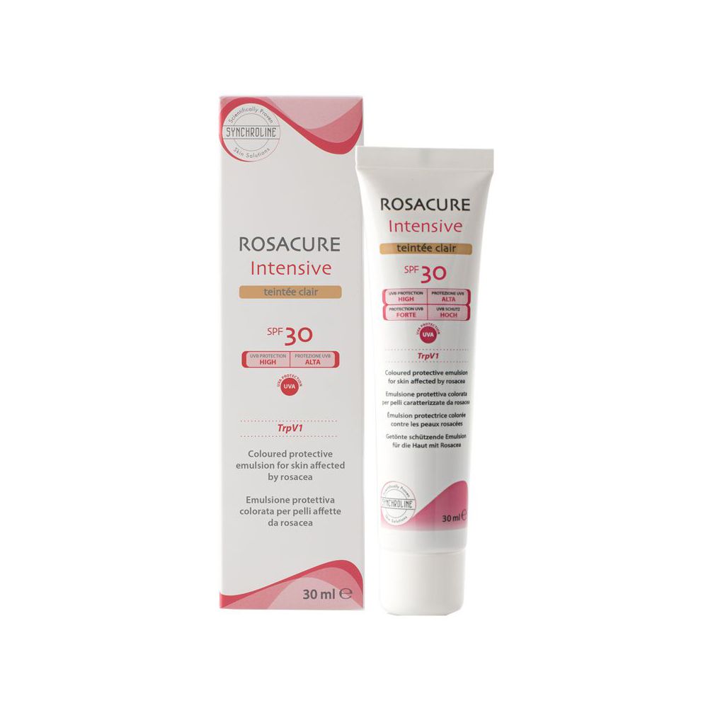 Tubo e scatola. Scritto: Rosacure Intensive Teint Clair SPF 30. Emulsione protettiva colorata.