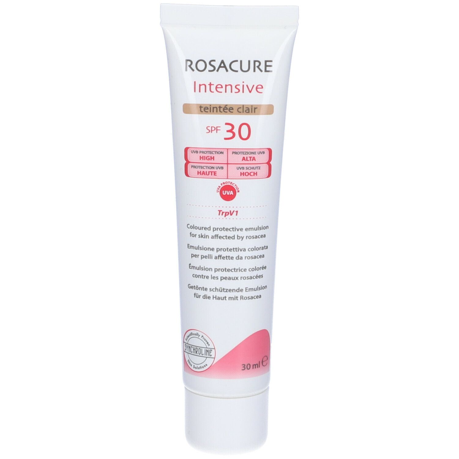 Tubo di crema. Scritto: Rosacure Intensive Teint Clair SPF 30. Emulsione protettiva colorata per la pelle.