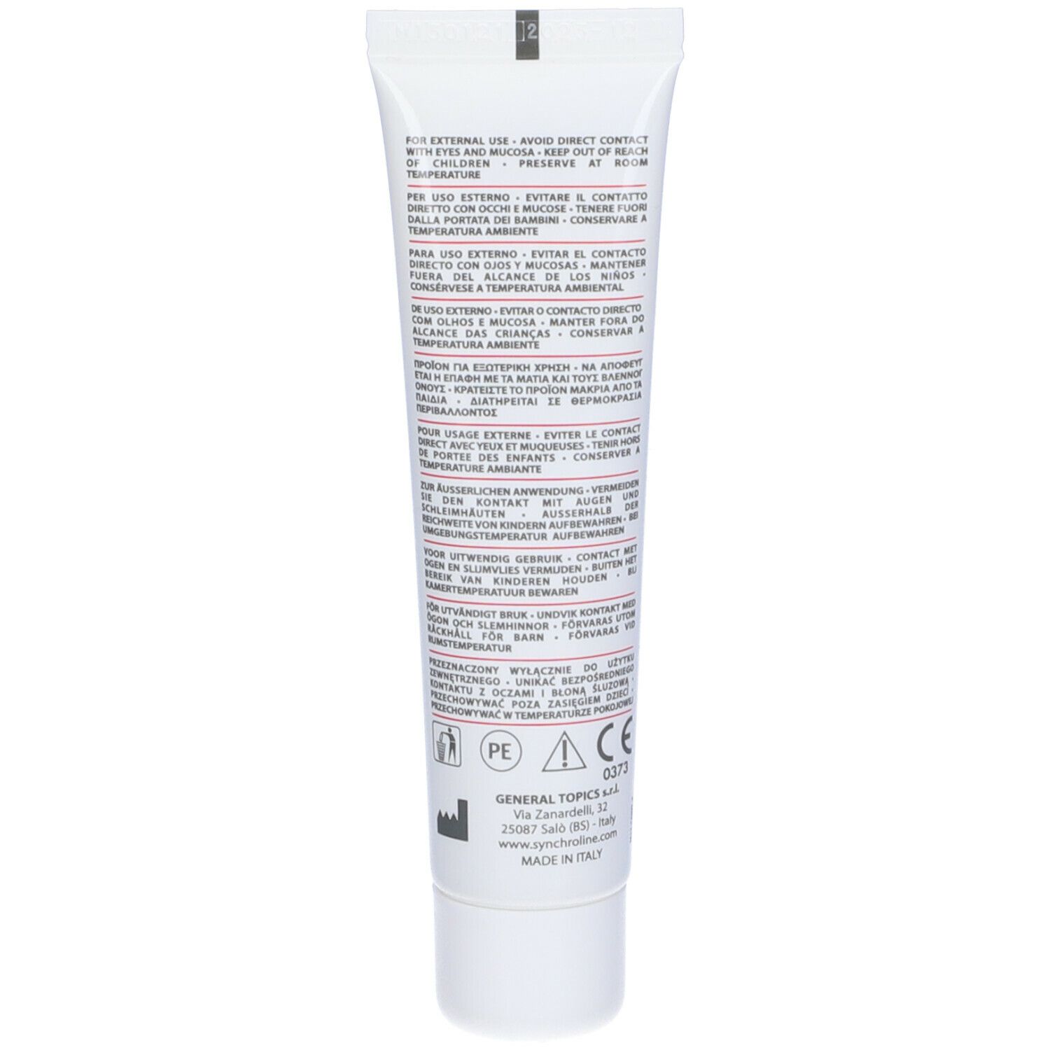 Retro del tubo di crema. Testo multilingue. Avvertenze e informazioni del produttore.
