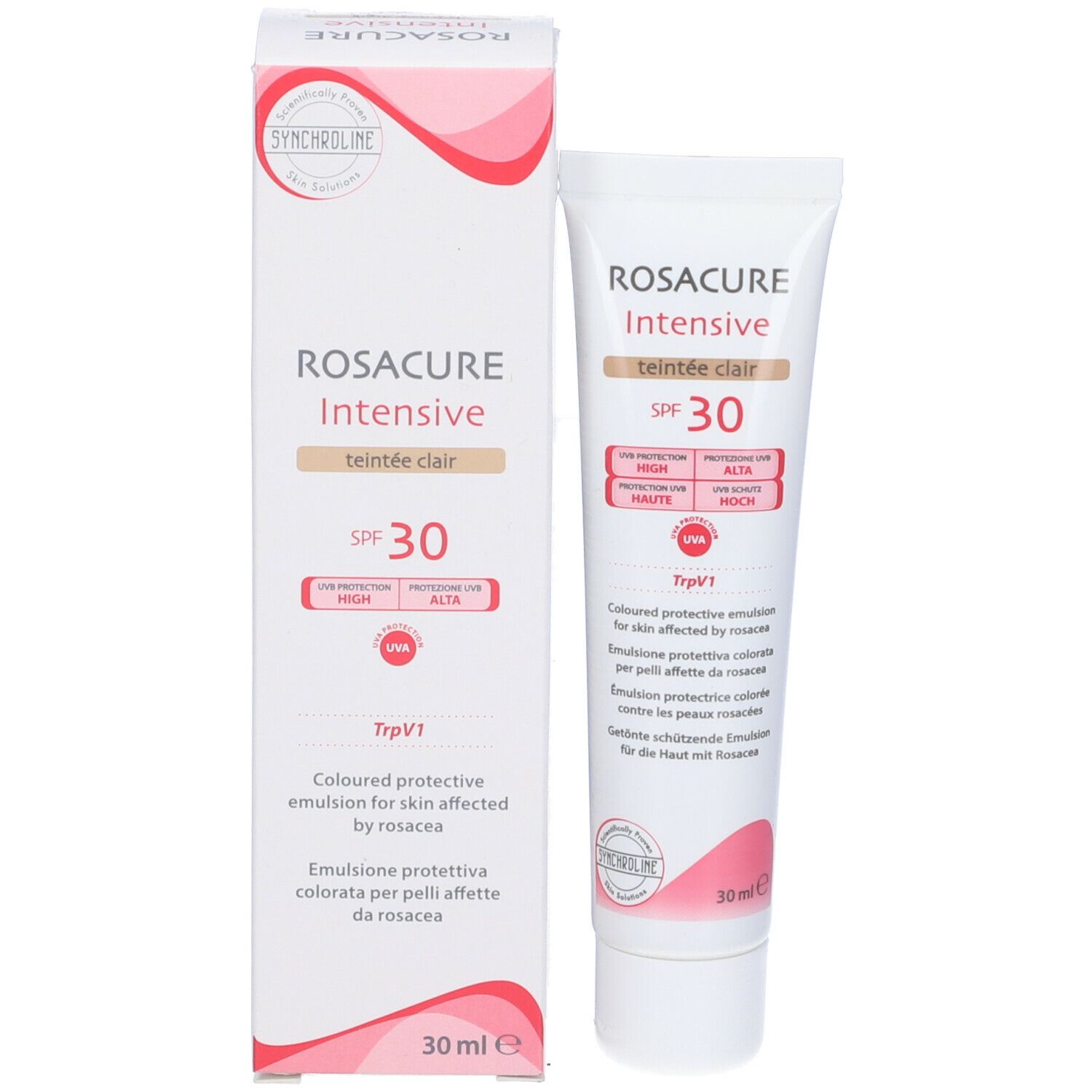Tubo e scatola. Scritto: Rosacure Intensive Teint Clair SPF 30. Emulsione protettiva colorata.