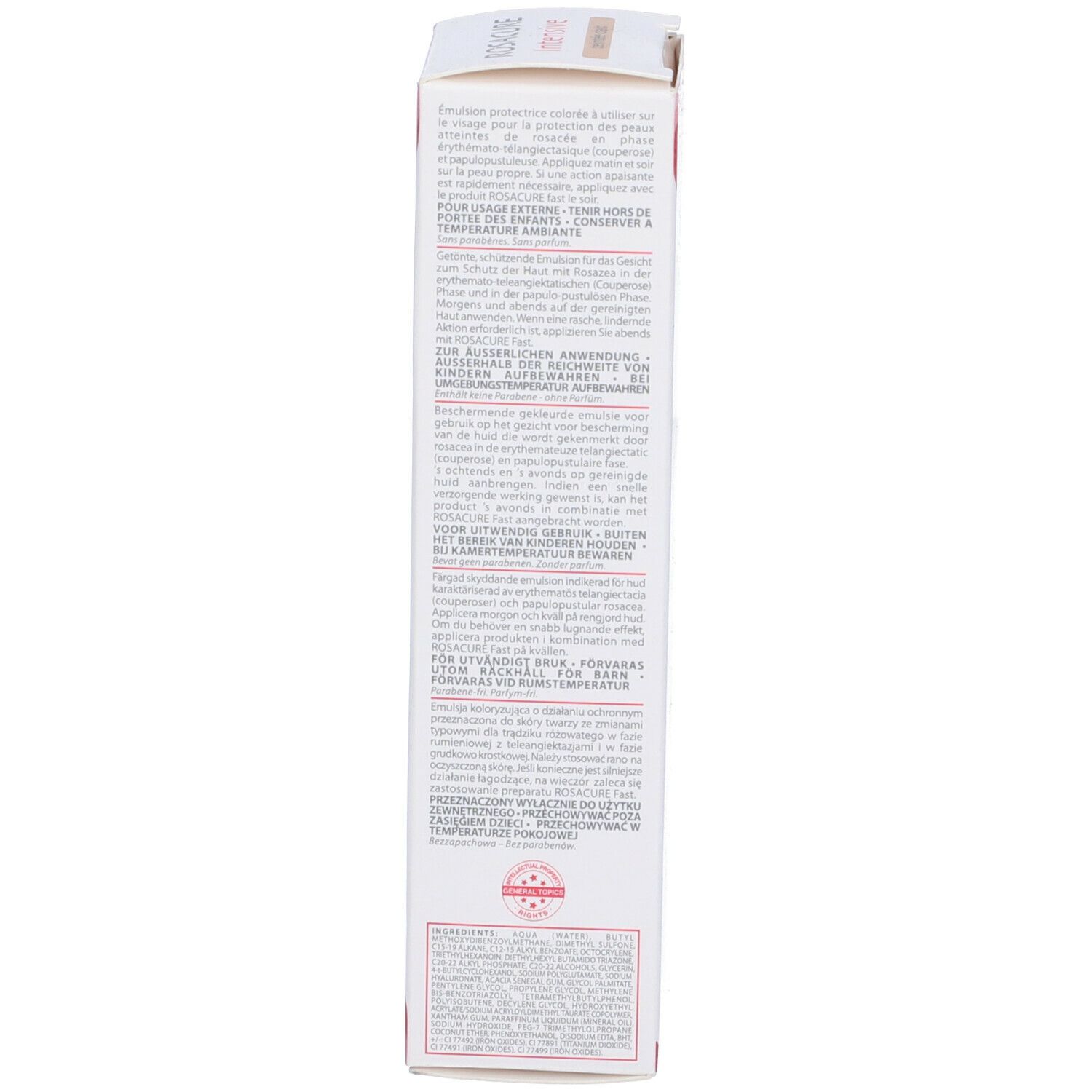 Retro della scatola. Testo multilingue. Istruzioni per l'uso e informazioni del produttore.