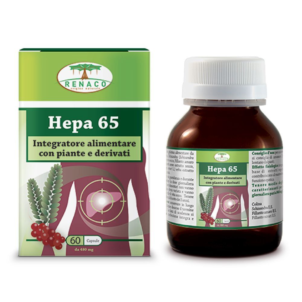Flacone e scatola marroni. Scritta Hepa 65. 60 capsule. Con piante e derivati. Logo RENACO.