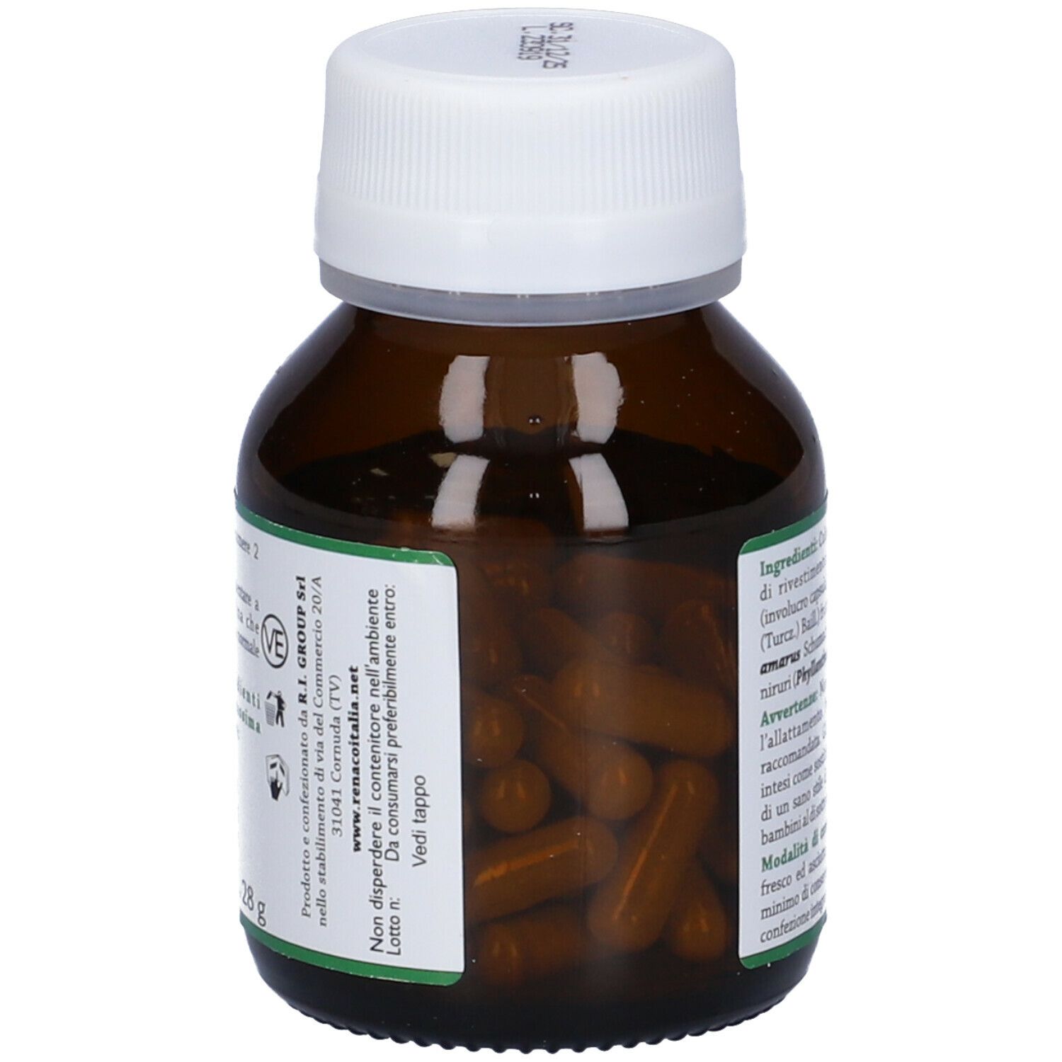 Flacone marrone con capsule. Elenco ingredienti sull'etichetta. Con piante e derivati. Avvertenze.