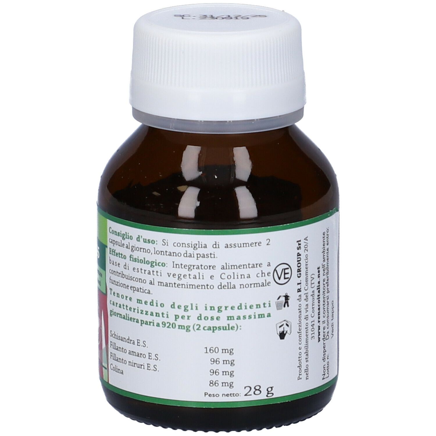 Flacone marrone con capsule. Etichetta con ingredienti e dosaggio. Peso netto: 28 g.