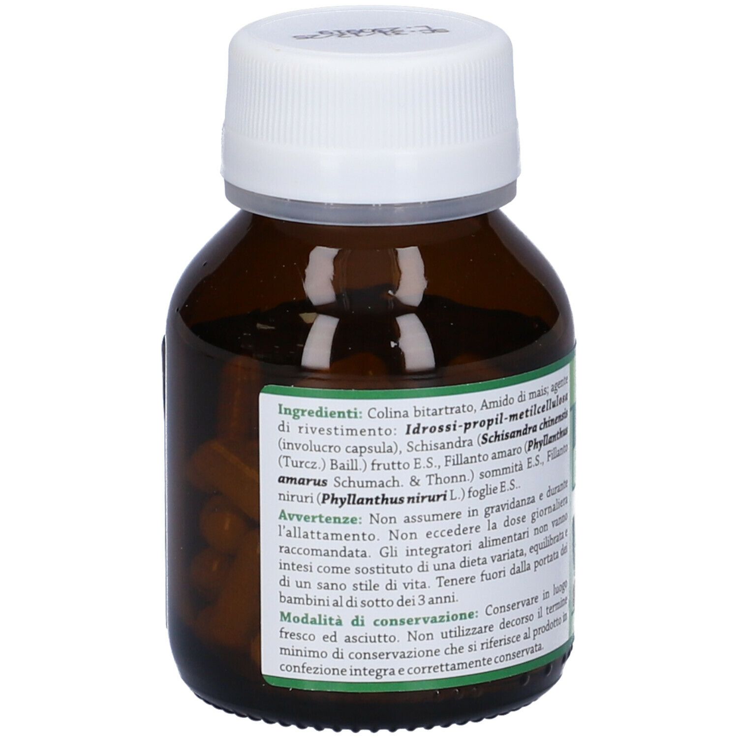 Flacone marrone con capsule. Elenco ingredienti sull'etichetta. Con piante e derivati. Avvertenze.