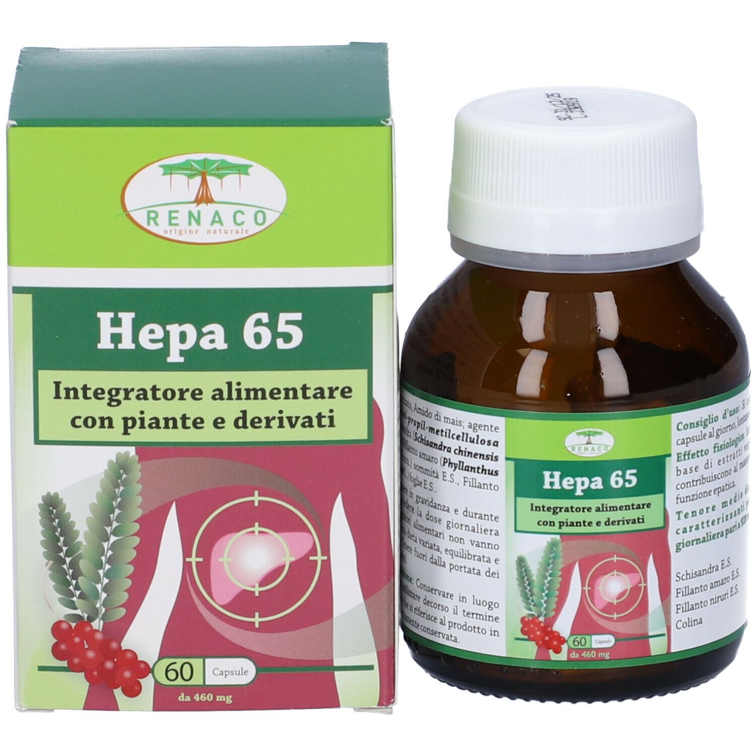 Flacone e scatola marroni. Scritta Hepa 65. 60 capsule. Con piante e derivati. Logo RENACO.
