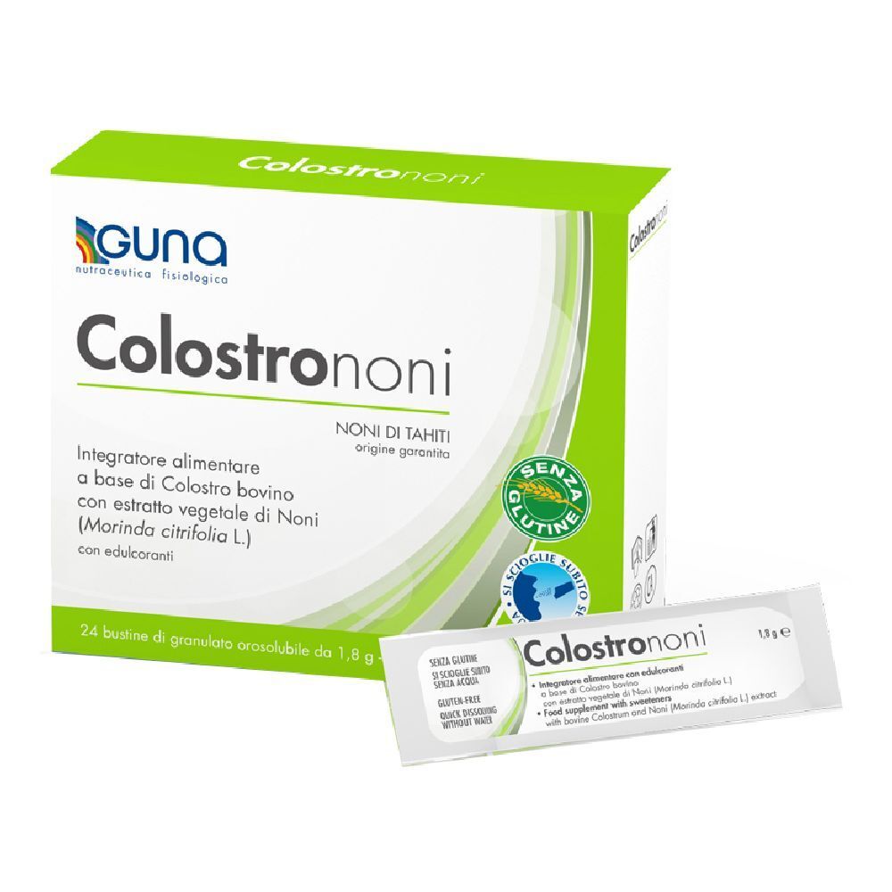 Colostrononi-Packung und Einzelbeutel. Aufschrift: Colostrononi, GUNA. Enthält 24 Beutel. Glutenfrei.