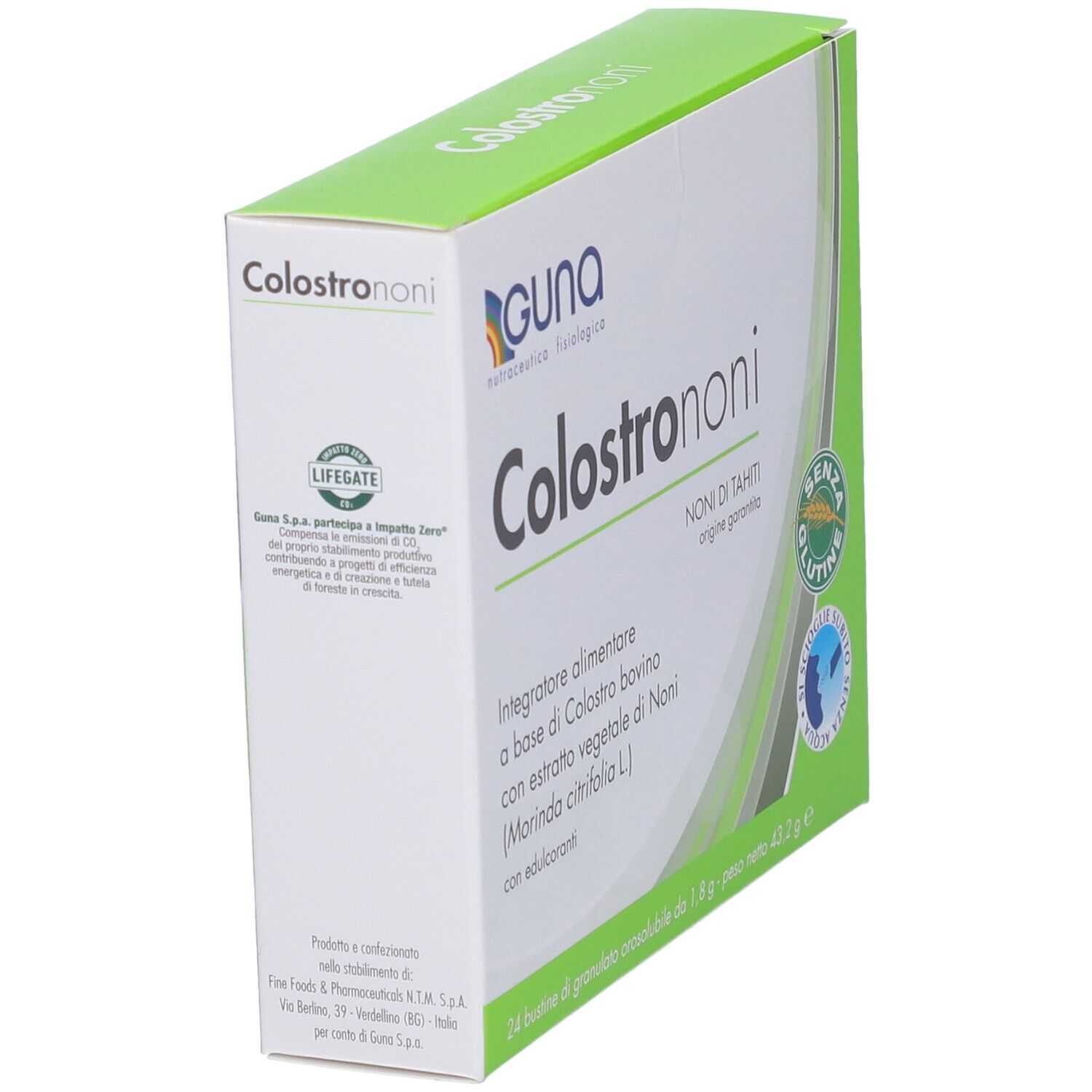 Colostrononi-Packung, schräg. Aufschrift: Colostrononi, GUNA. Enthält 24 Beutel. Gewicht: 43,2 g.