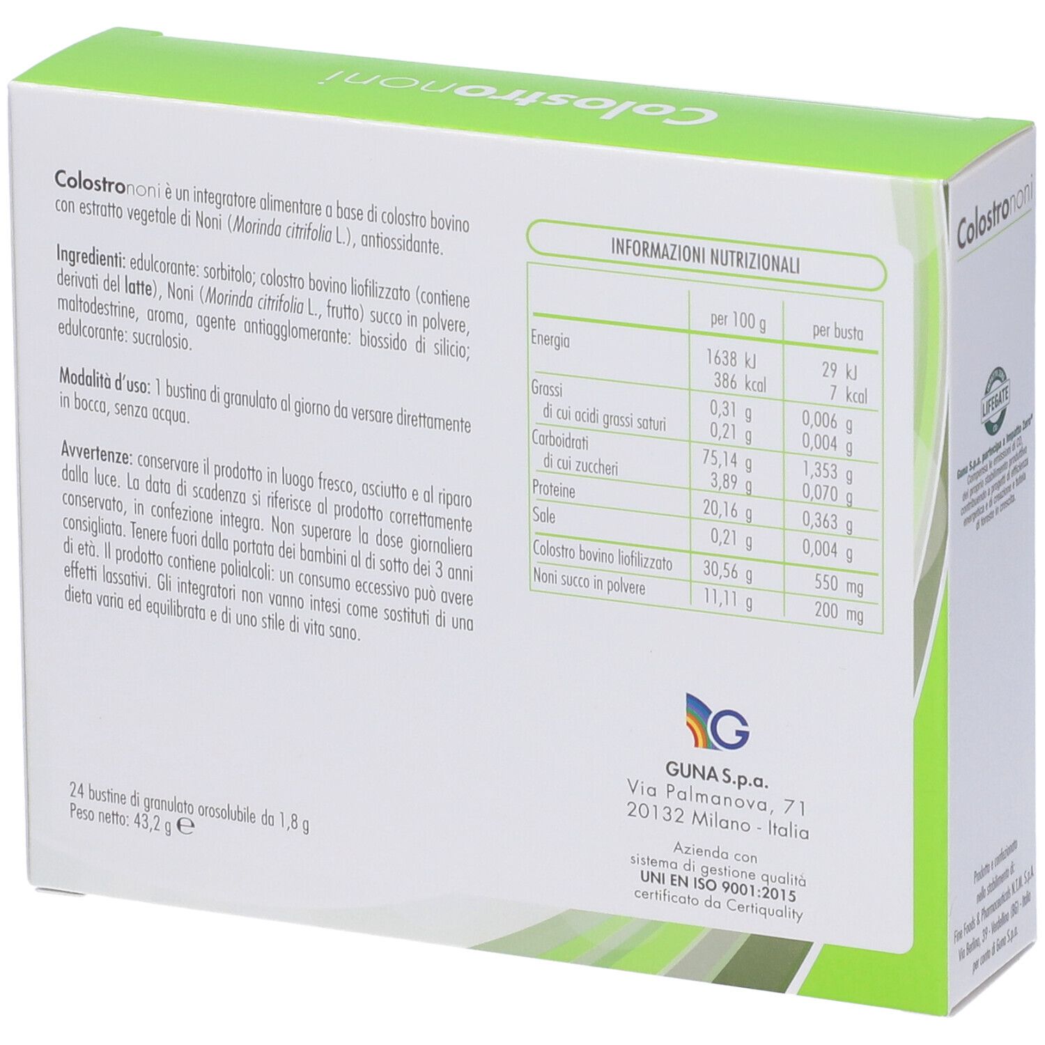 Rückseite der Colostrononi-Packung. Enthält Nährwertangaben und Inhaltsstoffe. GUNA-Logo und Zertifizierung.