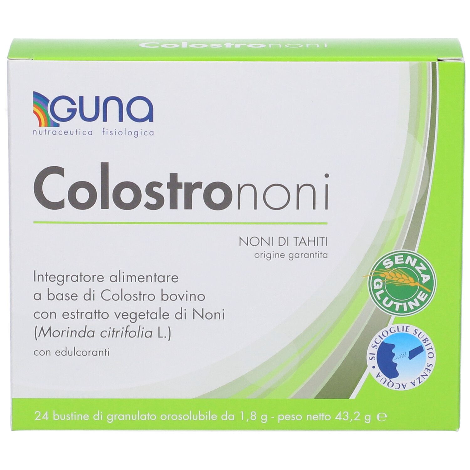 Colostrononi-Packung. Aufschrift: Colostrononi, GUNA. Enthält 24 Beutel. Glutenfrei. Gewicht: 43,2 g.