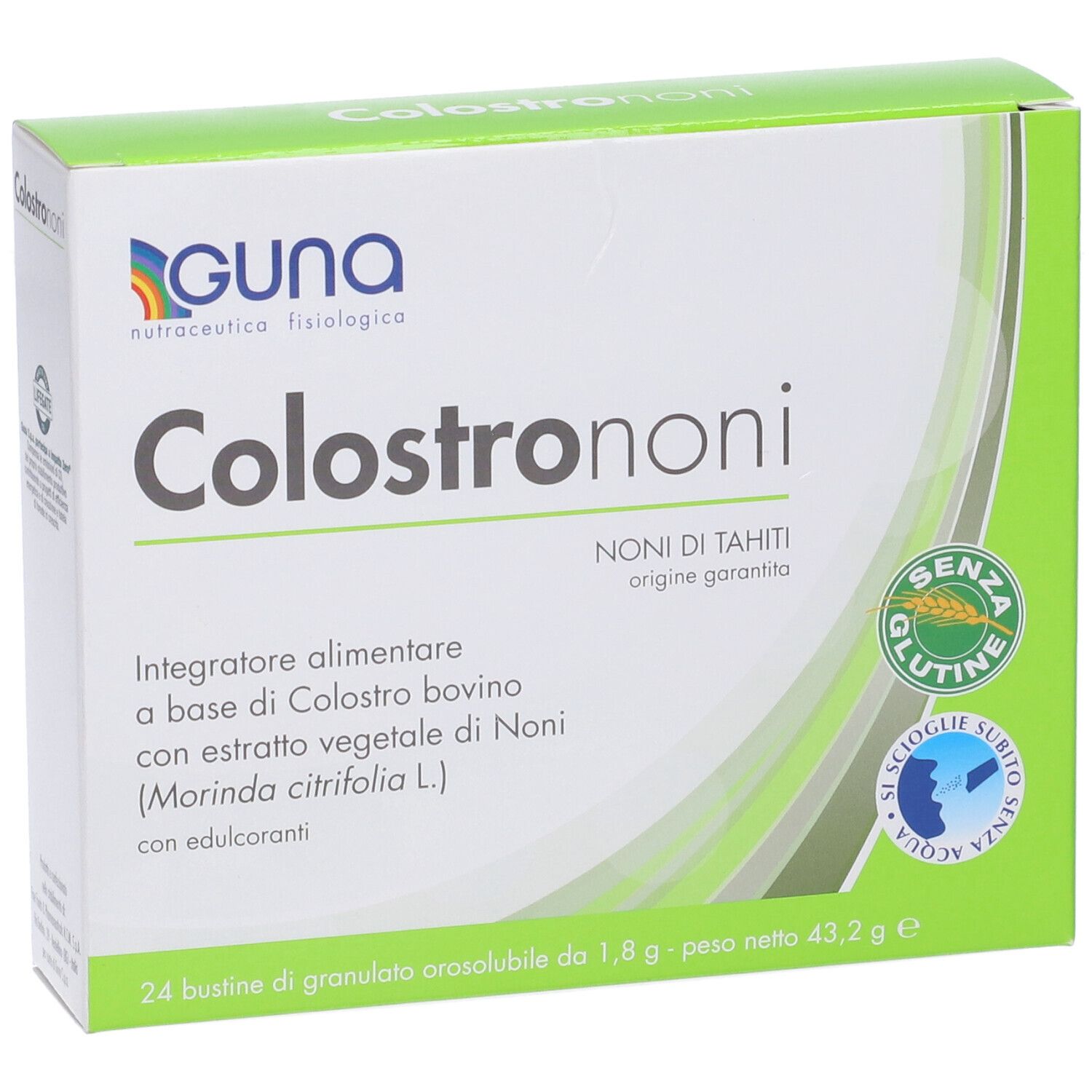 Colostrononi-Packung. Aufschrift: Colostrononi, GUNA. Enthält 24 Beutel. Glutenfrei. Gewicht: 43,2 g.