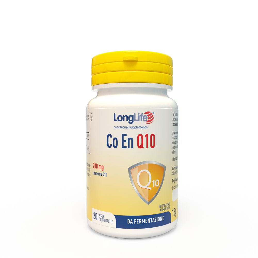 Flacone bianco con tappo giallo. Scritta: LongLife Co En Q10 200 mg. Contiene 20 capsule.