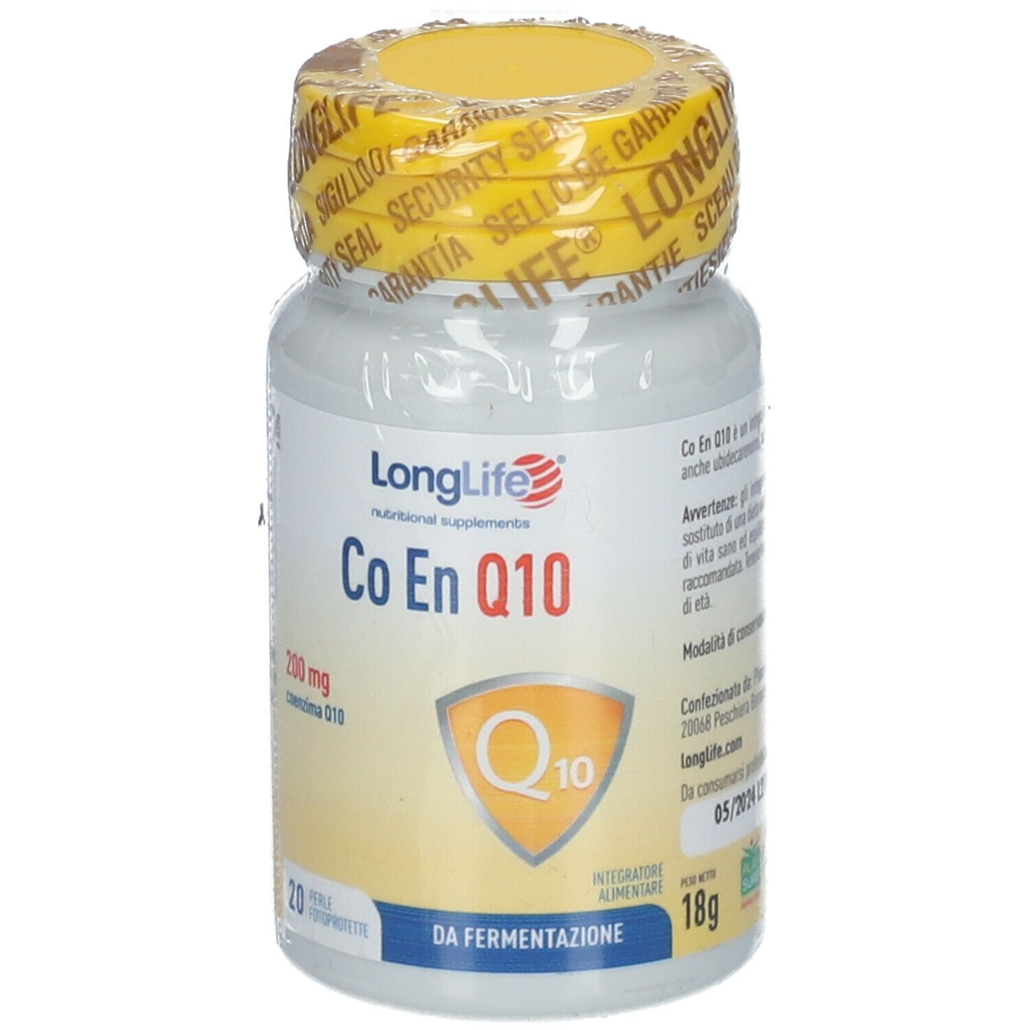 Flacone bianco con tappo giallo e sigillo. Scritta: LongLife Co En Q10 200 mg. 20 capsule.