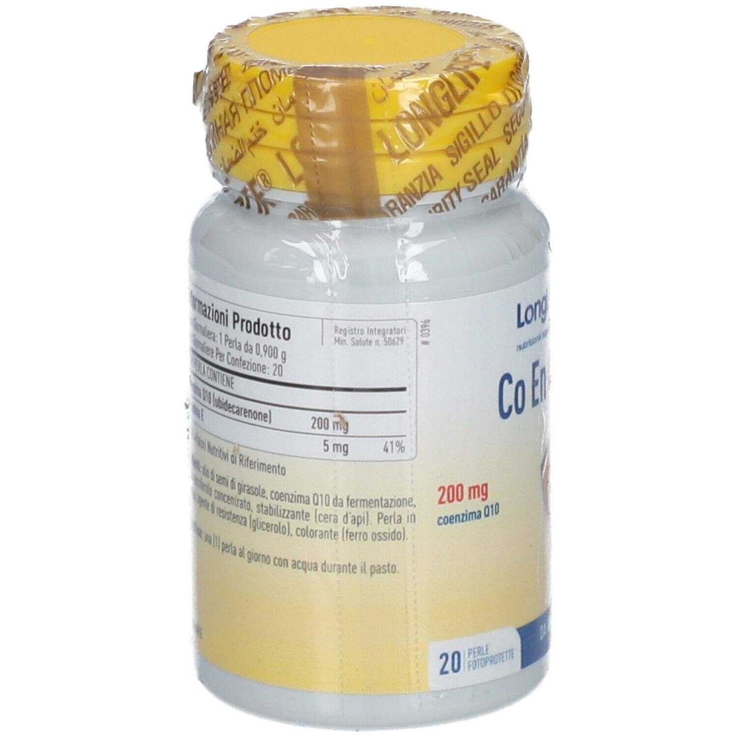 Flacone bianco con tappo giallo e sigillo. Scritta: LongLife Co En Q10 200 mg. Informazioni sul retro.