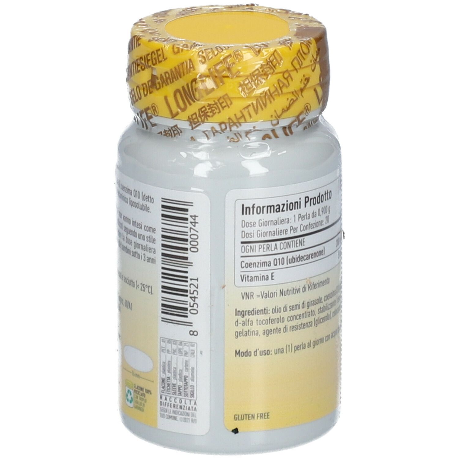 Flacone bianco con tappo giallo e sigillo. Scritta: LongLife Co En Q10 200 mg. Informazioni sul retro.