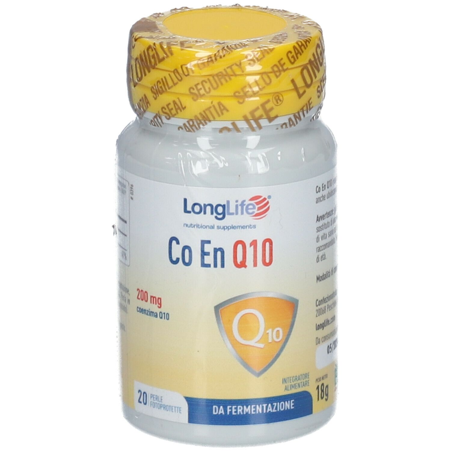 Flacone bianco con tappo giallo e sigillo. Scritta: LongLife Co En Q10 200 mg. 20 capsule.