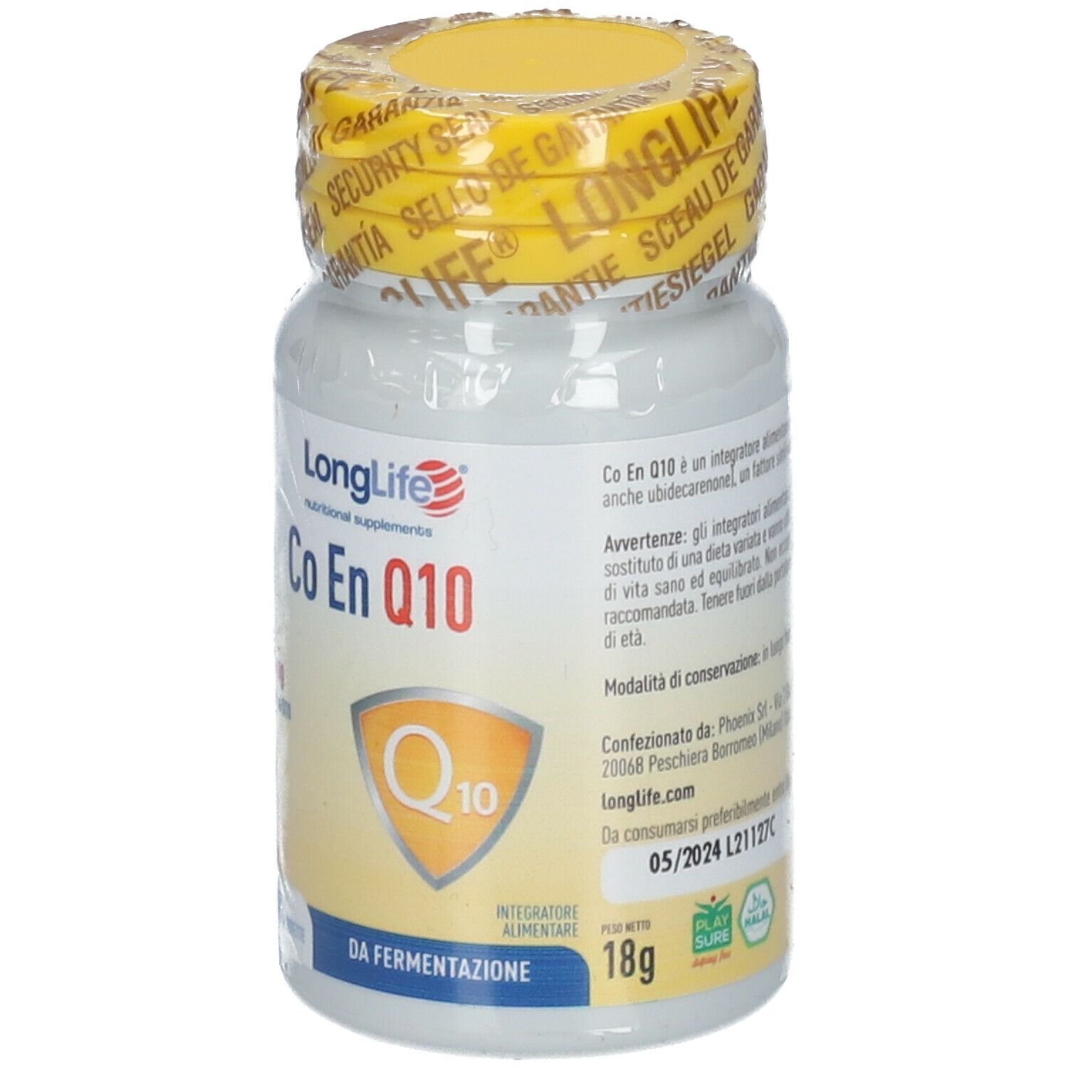 Flacone bianco con tappo giallo e sigillo. Scritta: LongLife Co En Q10 200 mg. 18g.