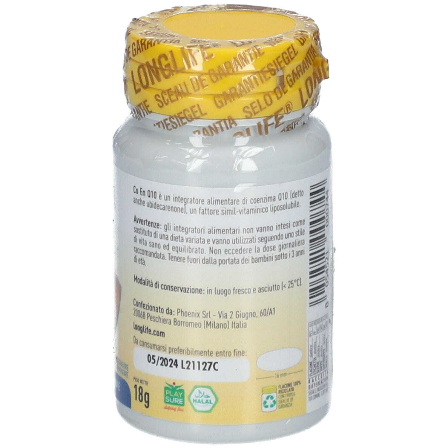 Flacone bianco con tappo giallo e sigillo. Scritta: LongLife Co En Q10 200 mg. 18g.