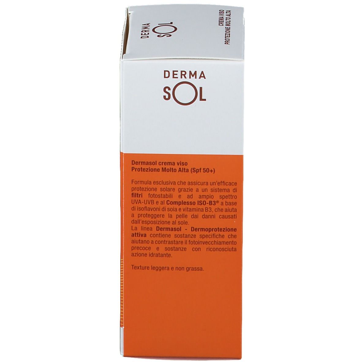 Détail de l'emballage Dermasol. Texte: Dermasol, Crema Viso, protection solaire. Boîte blanche avec zone orange.