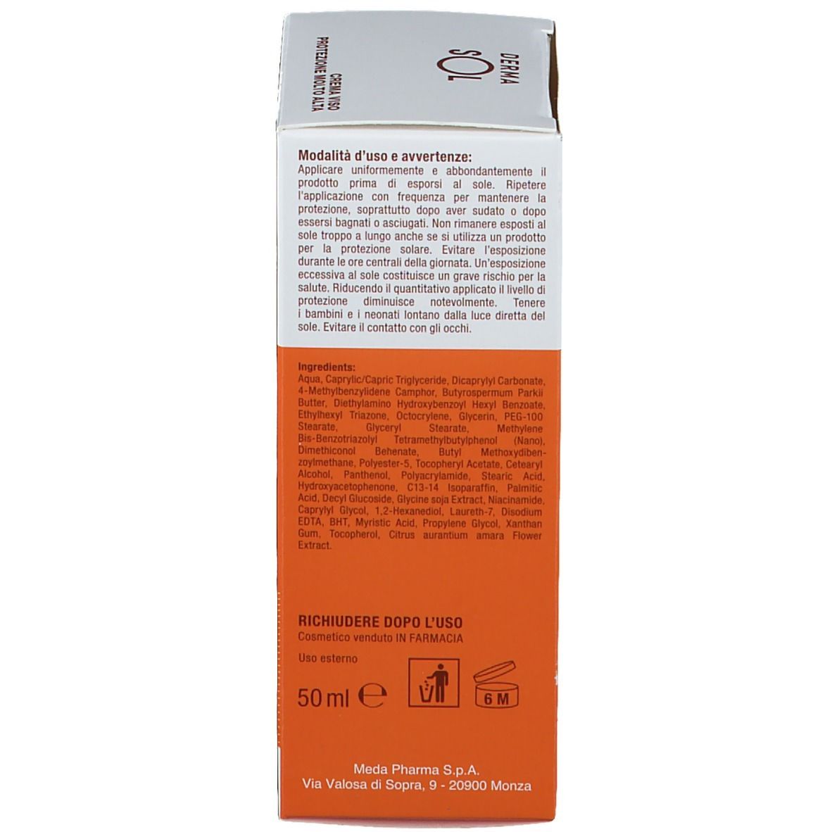 Dos de l'emballage Dermasol. Texte: Utilisation, ingrédients, 50 ml. Boîte blanche avec zone orange.