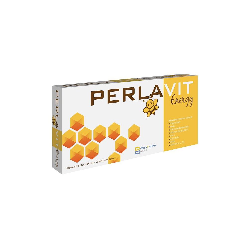 Scatola "PERLAVIT Energy". Elementi gialli e arancioni. Scritta "PERLAVIT Energy".