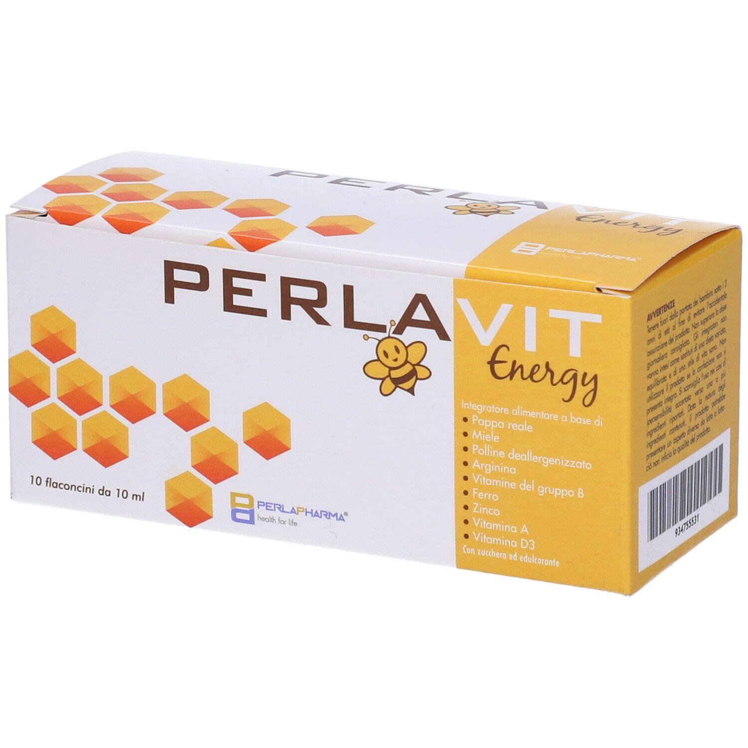 Confezione "PERLAVIT Energy" con ingredienti. Elementi gialli e arancioni. 10 flaconcini.