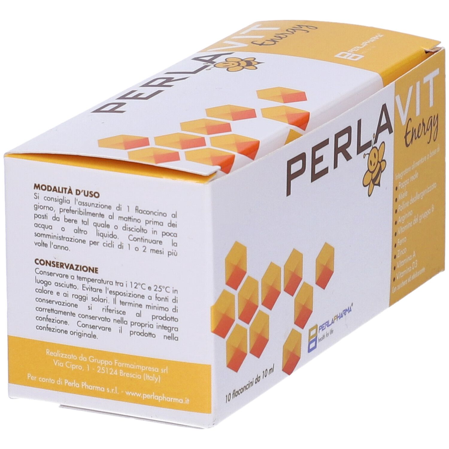 Confezione "PERLAVIT Energy" con istruzioni per l'uso. Elementi gialli e arancioni. 10 flaconcini.