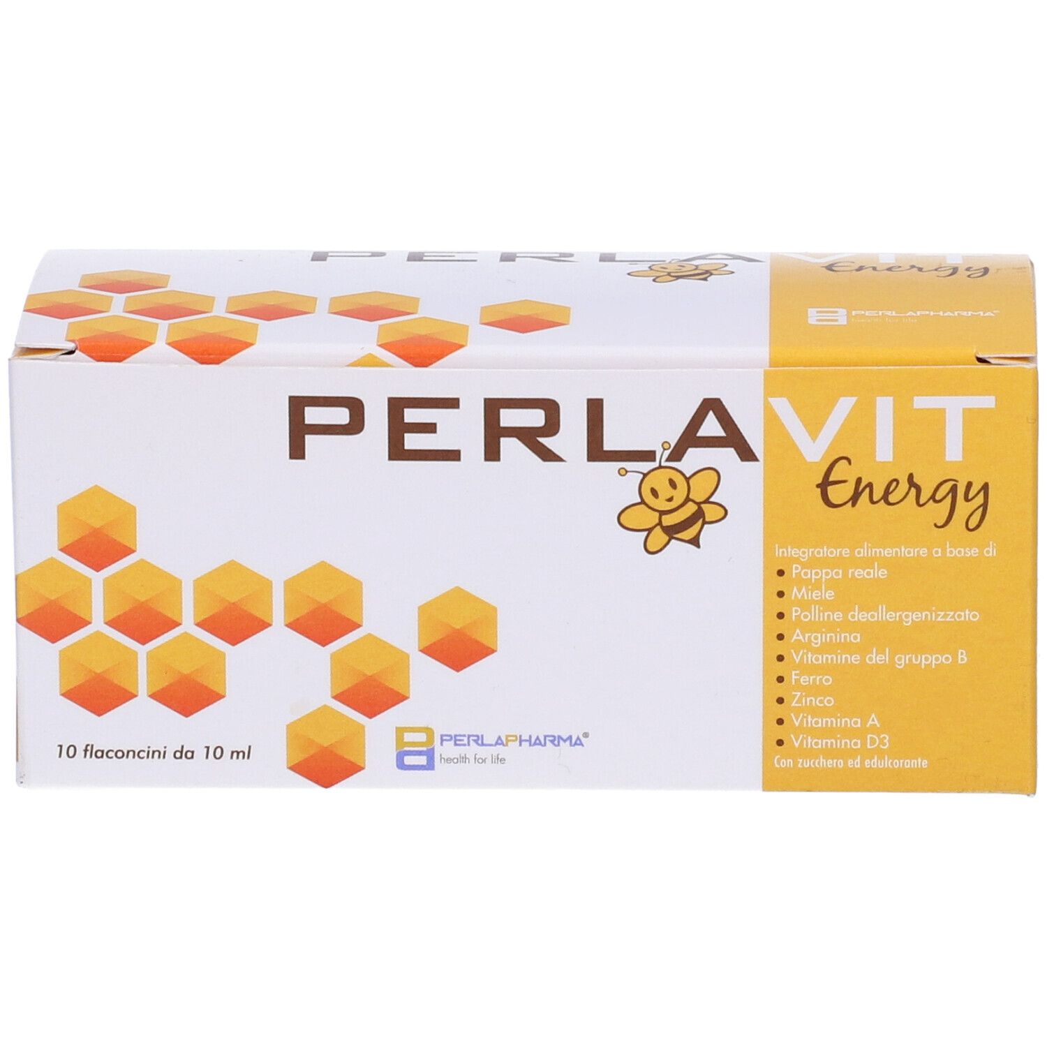 Scatola "PERLAVIT Energy" con ingredienti. Elementi gialli e arancioni. 10 flaconcini.