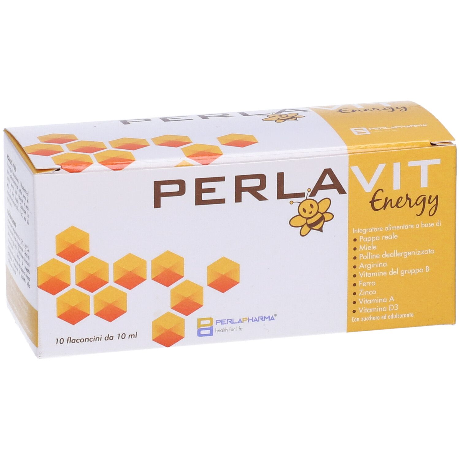 Scatola "PERLAVIT Energy" con ingredienti. Elementi gialli e arancioni. 10 flaconcini.