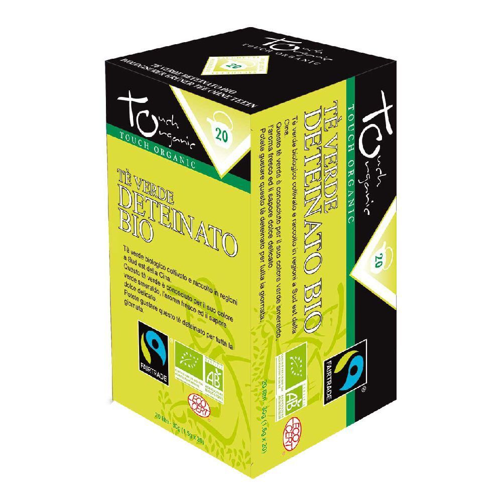 Confezione di Te' Verde Deteinato Bio 20Filt. Verde e giallo, con testo e loghi. Sigillo Fairtrade.
