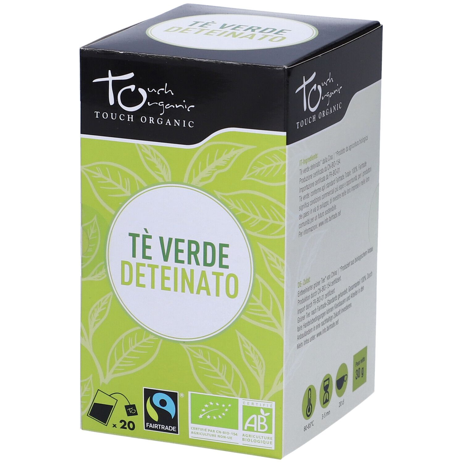 Scatola di Te' Verde Deteinato. Verde, con motivo a foglie e testo. Sigillo Fairtrade e sigillo bio.