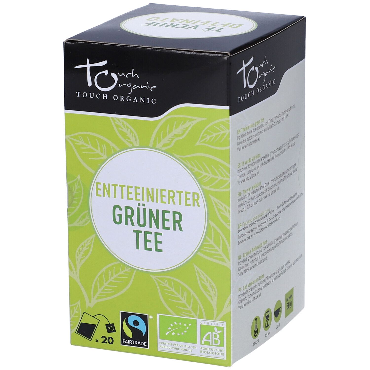 Scatola di Tè Verde Decaffeinato. Verde, con motivo a foglie e testo. Sigillo Fairtrade e sigillo bio.