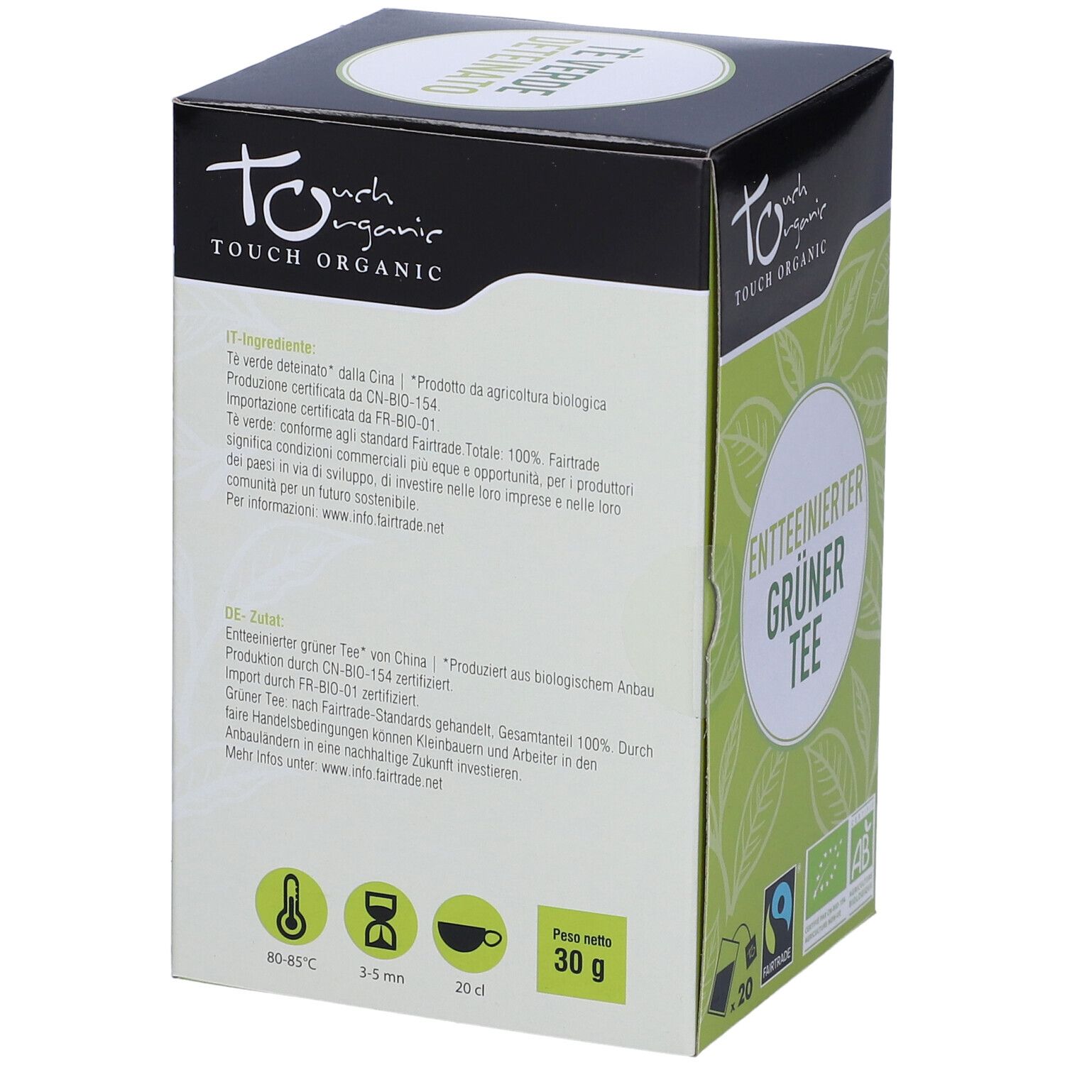 Retro della confezione di Te' Verde Deteinato Bio. Testo multilingue, loghi e sigilli.