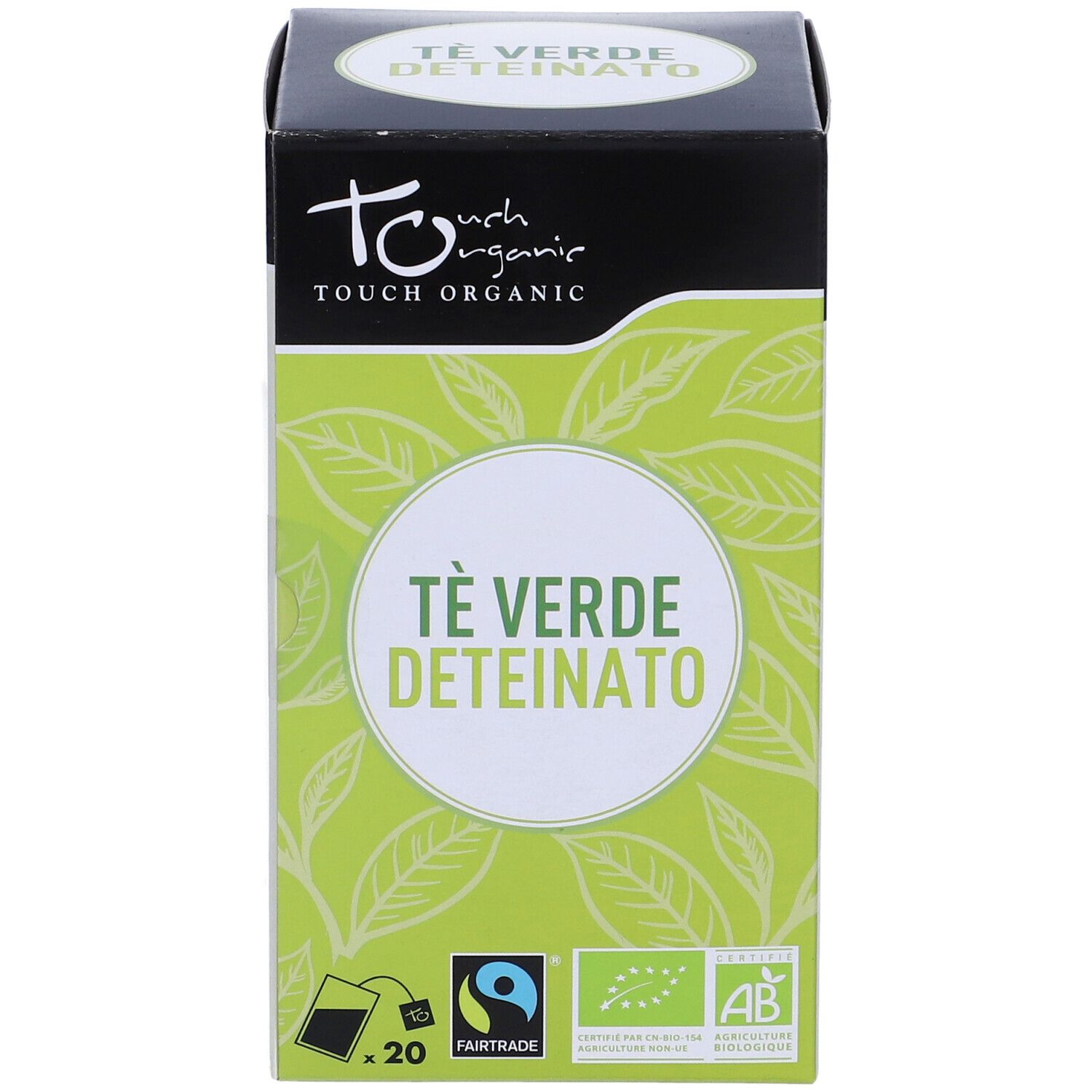 Scatola di Te' Verde Deteinato. Verde, con motivo a foglie e testo. Sigillo Fairtrade e sigillo bio.