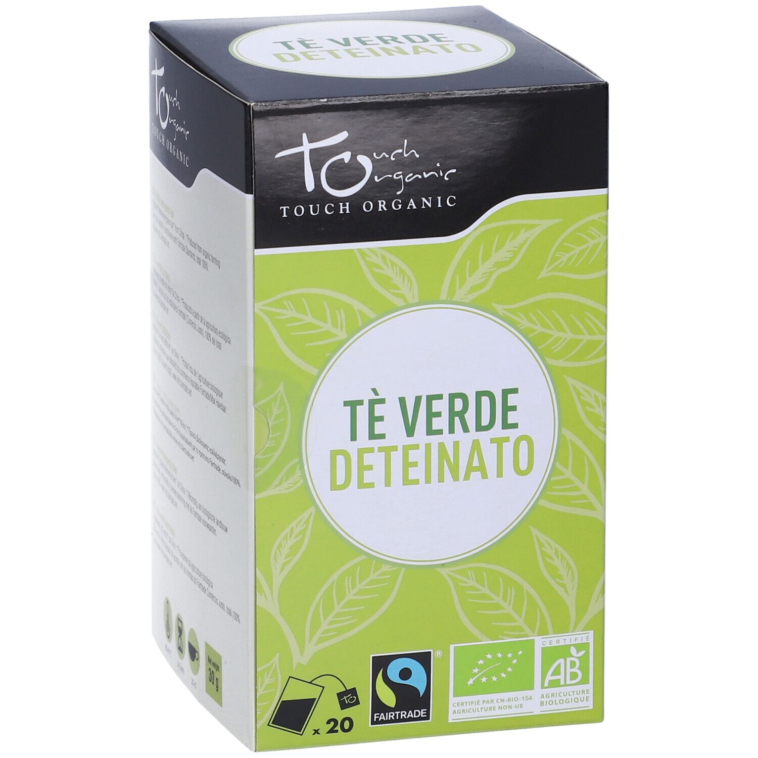 Scatola di Te' Verde Deteinato. Verde, con motivo a foglie e testo. Sigillo Fairtrade e sigillo bio.