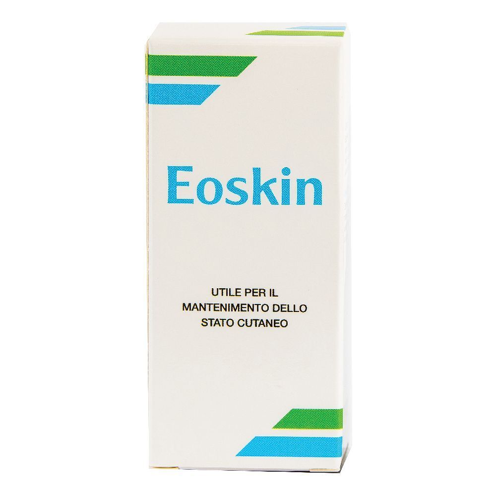 Scatola bianca con strisce blu e verdi. Scritta: Eoskin. Testo sottostante.