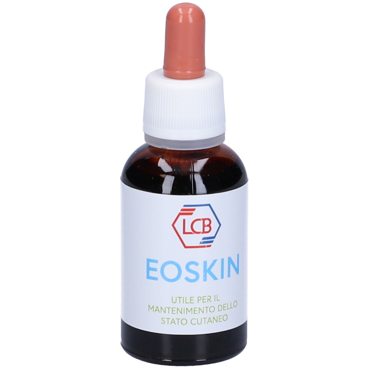 Flacone di vetro marrone con etichetta bianca. Scritta: Eoskin. Contagocce rosso.