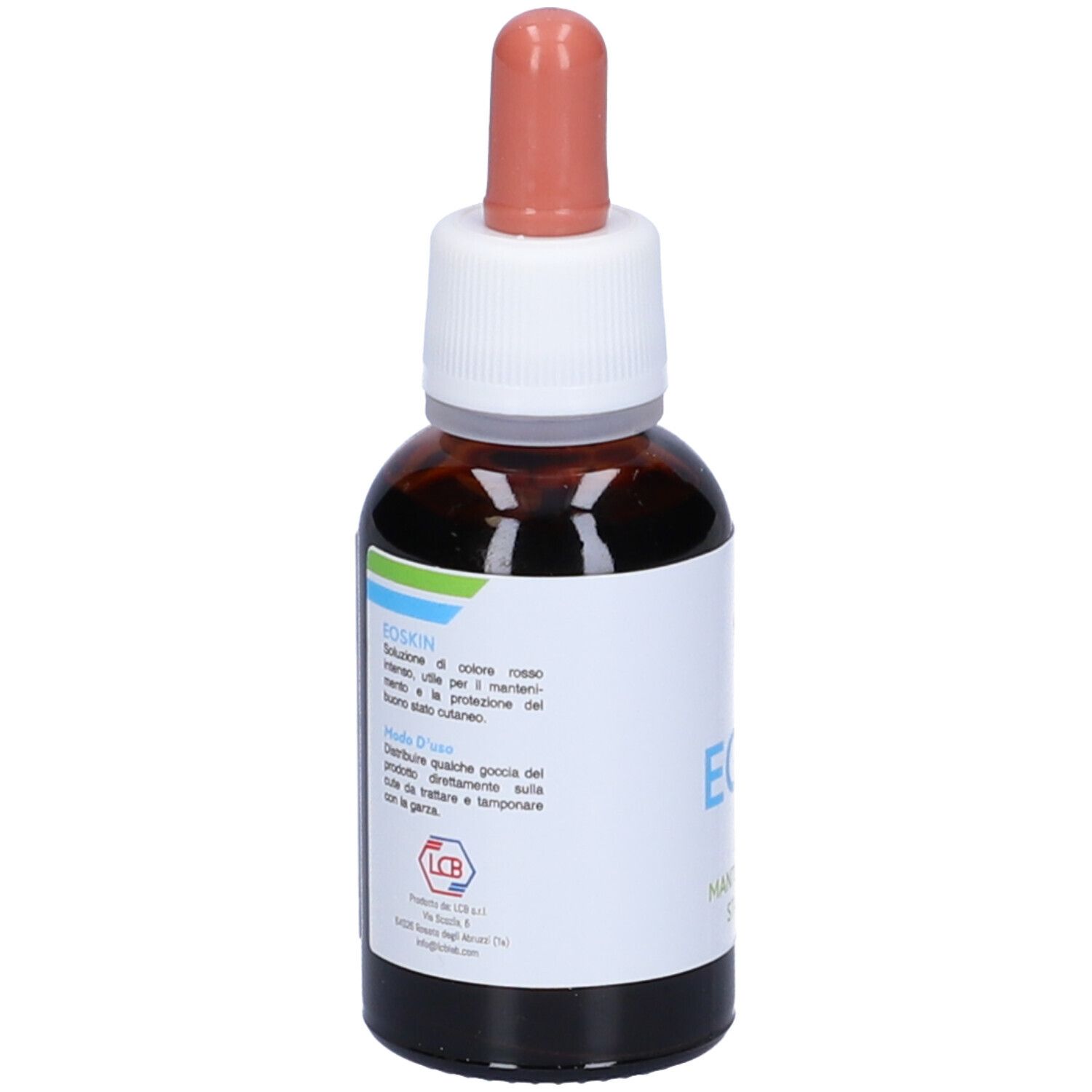 Flacone di vetro marrone con etichetta bianca. Scritta: Eoskin. Contagocce rosso.