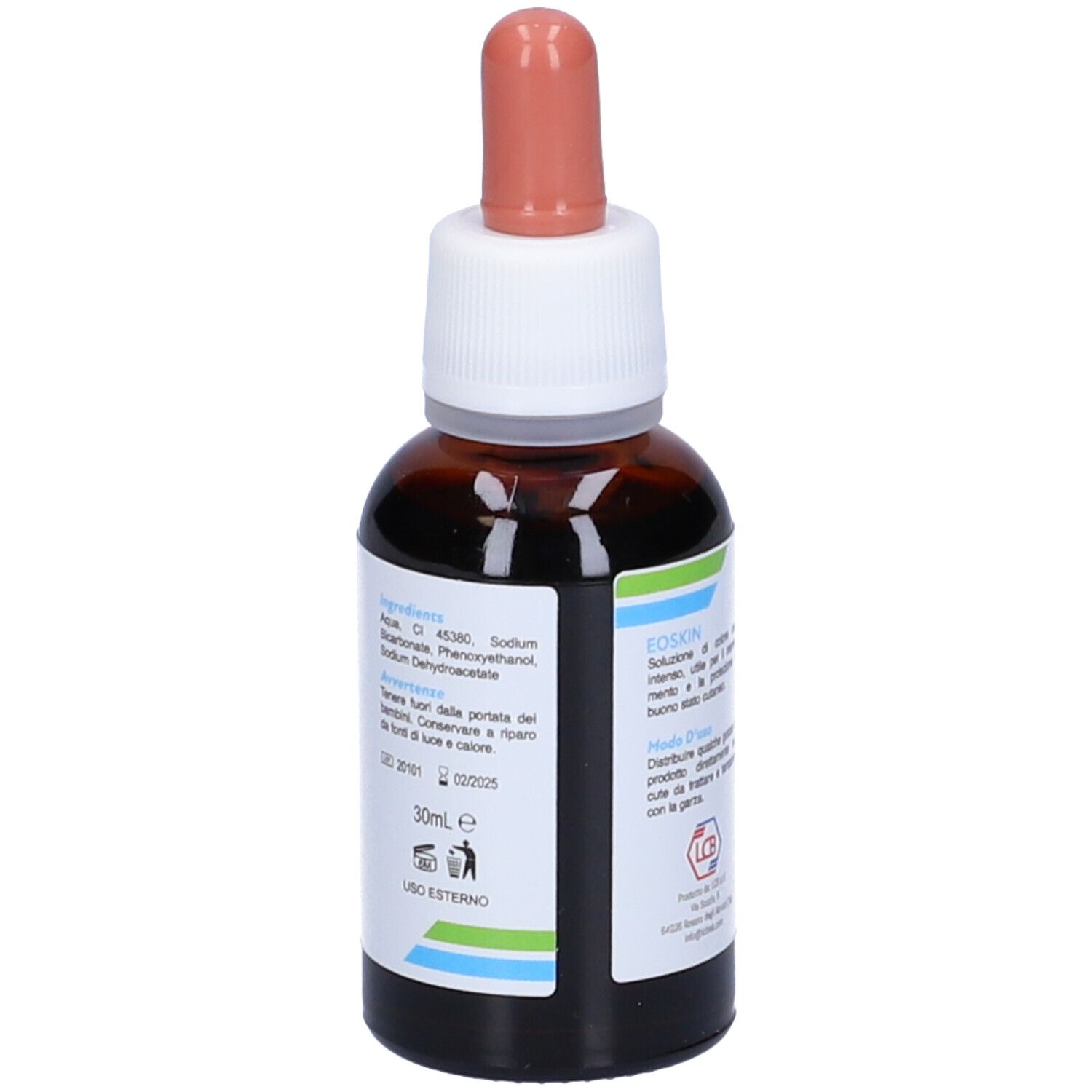 Flacone di vetro marrone con etichetta bianca. Scritta: Eoskin. Contagocce rosso.