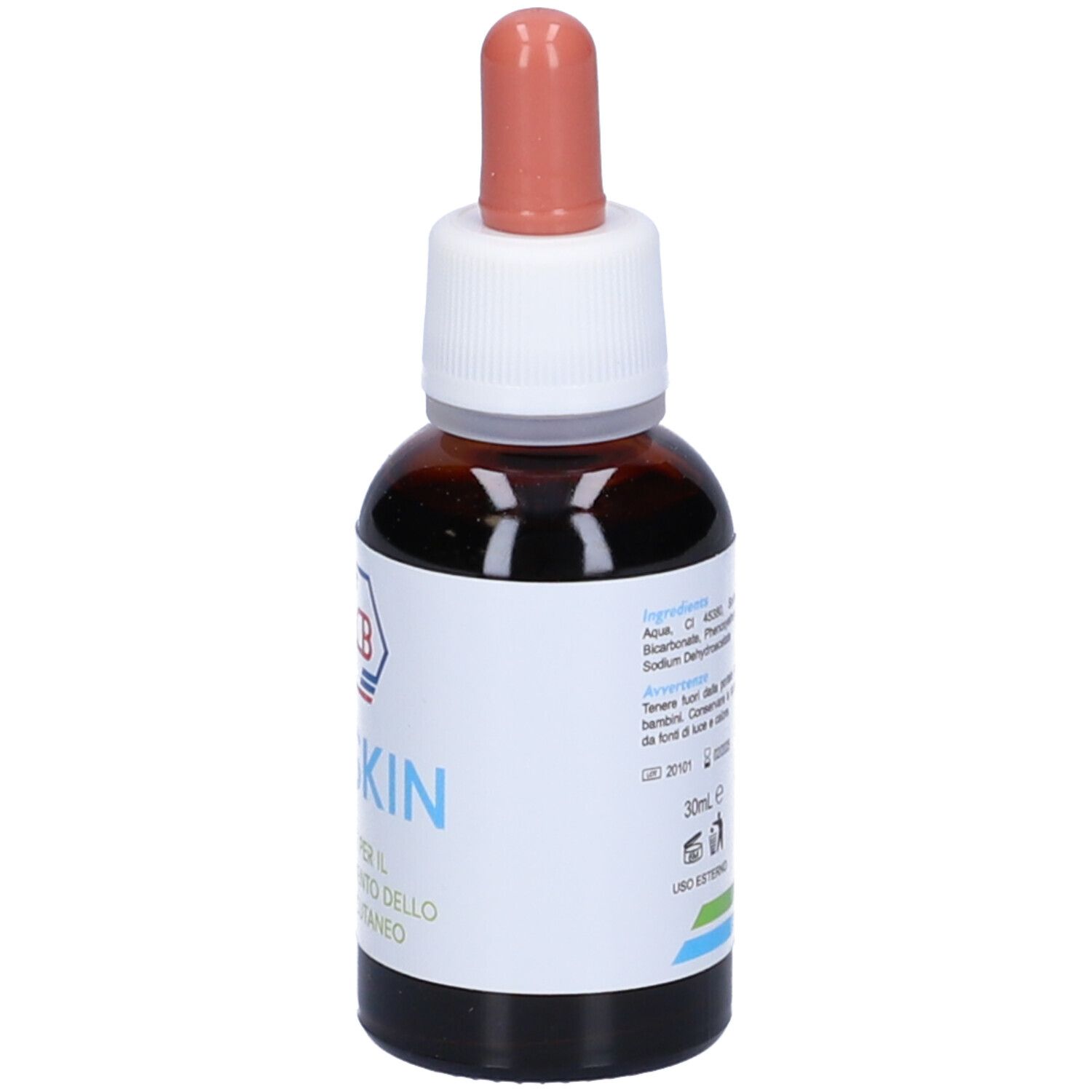 Flacone di vetro marrone con etichetta bianca. Scritta: Eoskin. Contagocce rosso.