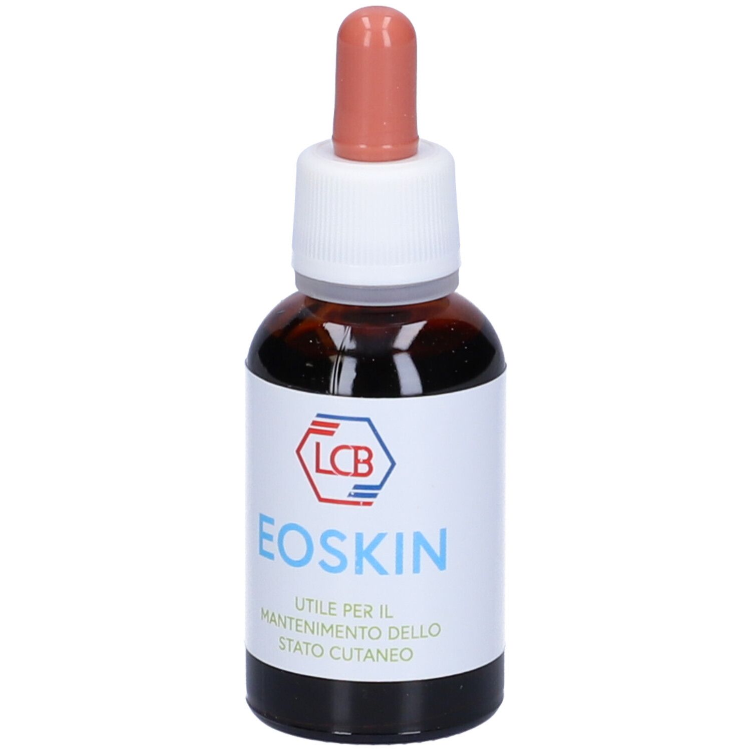 Flacone di vetro marrone con etichetta bianca. Scritta: Eoskin. Contagocce rosso.