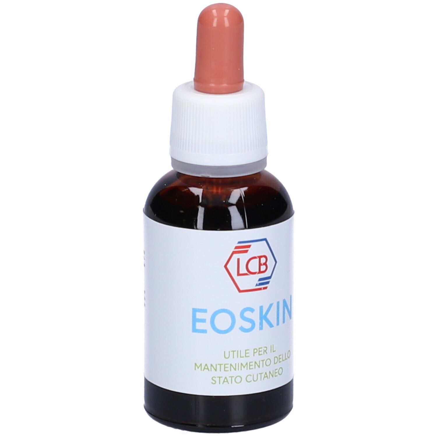 Flacone di vetro marrone con etichetta bianca. Scritta: Eoskin. Contagocce rosso.